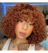 HUA Ginger Wig Human Hair With Bangs 12 Inch Ginger Orange Deep Wave Bob Human Hair Wigs for Blac...