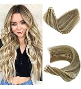Tape in Hair Extensions Real Human Hair Ash Brown Mixed Platinum Blonde Invisible Tape in Tracks ...