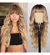 Haoland Ombre Blonde Wig with Dark Roots Long Wavy Curly Synthetic Wig with Bangs Heat Resistant ...