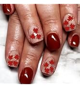 Fall Press on Nails Short Square Fake Nails Red Maple Leaf Nails Press ons Glossy Acrylic Nails G...