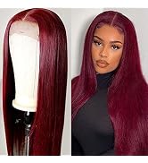 YMSGIRL 99J Color 4x4 Straight Closure Wigs For Black Women Burgundy Color Lace Front Closure Hum...