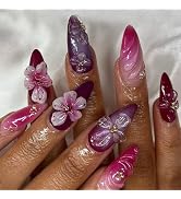 Flower Press on Nails Medium Almond Fake Nails Red False Nails with Designs 3D Floral Acrylic Glo...