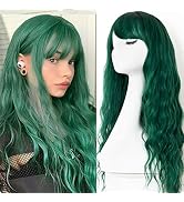 EVLYNN Wigs With Bangs Ombre Dark Green Wig Long Loose Wavy Curly Hair Synthetic Fiber Glueless D...