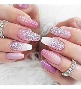 IFMOPETY 24Pcs Pink Press on Nails Long Coffin Nails for Women,Glitter Pink Gradient Glossy Nails...