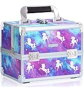 Joligrace Makeup Train Case Cosmetic Box Portable Makeup Organixer Case with Mirror 2 Trays Key L...