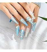 MUZOXEN Press on Nails Long, Square Acrylic Fake Nails with Glitter Crystal Rhinestones Luxury De...