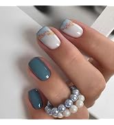 ArtiClaws Press On Nails Short Square Sea Blue White Ombre 24 Pcs False Nails Acrylic Shine Gold ...