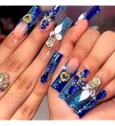 BABALAL Blue Press on Nails Long Square Fake Nails Luxury Glue on Nails 3d Butterfly Gold Heart C...