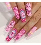 Hot Pink Press on Nails Long Coffin MABKJLF Fake Nails Full Cover Flower BIKINI False Nails with ...
