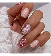 Christmas Press on Nails Short Square SWEKKE Fake Nails Red Glitter Full Cover Bow False Nails wi...