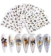 9 Sheets Flower Nail Art Stickers Decals,Gold Black Self-Adhesive Nail Decals 3D Holographic Lase...