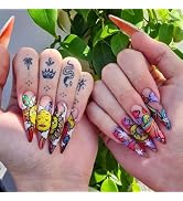 Long Press on Nails Stiletto Rainbow False Nails Halloween Fake Nails with Sun God Design Neon Mo...