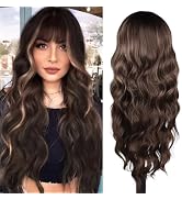 Brown Wig With Bangs for Women Long Curly Brown Highlight Wigs Natural Wavy Synthetic Wig for Par...
