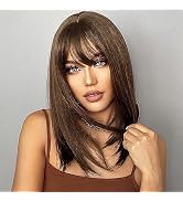 MIMAN 14 Inch Shoulder Length Dark Brown Straight Bob Wigs with Bangs Synthetic Medium Length Bob...