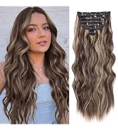 NAYOO Clip in Hair Extensions for Women 20 Inch Long Wavy Curly Dark Brown Mix Blonde Hair Extens...