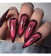 Halloween Press on Nails Almond Fake Nails Glossy Full Cover Cat Eye Designs False Nails ，Spider ...