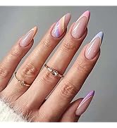 ANDGING Press on Nails Short Medium Almond, Fake Nails for Women with Nude Pink Rainbow Iridescen...