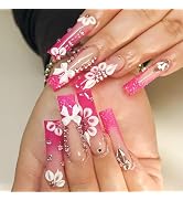 3D White Bow Tie Long Press on Nails Square Fake Nails Pink Glitter French Tip False Nails Silver...