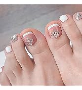 YOSOMK Rhinestone French Tips Press on Toenails Short Toe Nail Tips Press ons White Pink Glue on ...