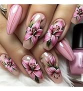 24Pcs Medium Coffin Press on Nails Spring Flower Fake Nails Glossy Full Cover Stick on Nails Cute...