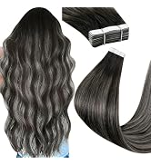 Hetto Tape in Hair Extensions Human Hair Balayage Ombre Black to Silver Human Hair Tapes in Exten...