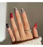 Christmas Press on Nails Medium, Black Red Christmas Holly Fake Nails with Design Oval Almond Glu...