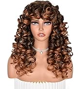 ANNISOUL Ombre Brown Curly Wigs for Black Women Long Curly Afro Wig with Bangs for Women Big Boun...