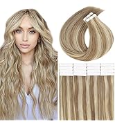 Lacer Tape in Hair Extensions Human Hair Light Brown Highlighted Platinum Blonde Color Silky Stra...