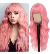 MINSEEYOO Pink Wig with Bangs for Women Long Pink Wavy Wigs 26 Inch Natural Looking Heat Resistan...