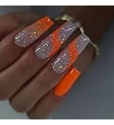 French Tip Press On Nails Long Fake Nails, Orange Square Full Cover Acrylic Gel Nails, Reusable F...