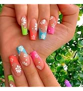 Long Flower Press on Nails Coffin Colorful False Nails Purple Pink Fake Nails with Bling Diamond ...