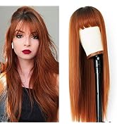 EVLYNN Brown Straight Wigs With Bangs Dark Rooted Ombre Blonde Hair Heat Resistant Synthetic Fibe...