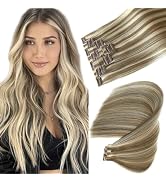 Seamless Clip in Hair Extensions Real Human Hair, 7PCS Beige Blonde to White Blonde Human Hair Cl...