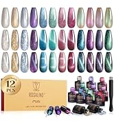 ROSALIND Cat Eye Gel Nail Polish Set with Magnet, 12 PCS Holographic Glitter Purple Blue Red Gel ...