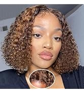 Ombre Bob Wig Human Hair 4/27 Highlight Wear and Go Glueless Wig Deep Wave Curly Honey Blonde Lac...