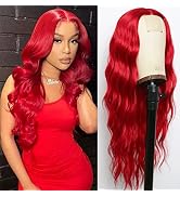 EVLYNN Wavy Long Blood Red Wigs for Women,Synthetic Dark Burgundy Long Curly Red Wig, Narutal Wav...