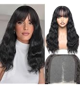 WIGNEE 4x4 Lace Human Hair Wig with Bangs Natural Wave Human Hair Wigs for White Women 18 Inch Gl...