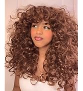 Annivia Brown Curly Wig with Bangs for Black Women Kinky Long Curly Wigs Synthetic Hair Daily Use...