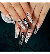 24Pcs Halloween Long Press on Nails White Skull Spider Web Fake Nails Pumpkin Coffin False Nails ...