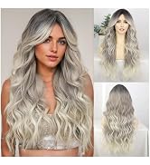 Cisyia Long Wig with Bangs 26 Inch Wavy Wigs for Women Ombre Grey Ash Platinum Blonde Synthetic M...