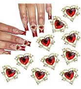RODAKY 3D Red Heart Nail Charms 10PCS Gold Metal Alloy Nail Supplies Accessories Red Heart Nail R...