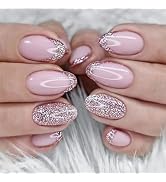 Pink Press on Nails Short Fake Nails Glitter French Tip Nails Press ons Glossy Oval Acrylic Nails...