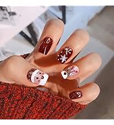 Christmas Press on Nails Short Square Red Fake Nails Glitter Full Cover Acrylic Nails Cute Snowfl...