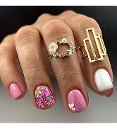 Extra Short Press on Nails Square SWEKKE Fake Nails Pink Full Cover Flower False Nails with Desig...