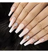 Kikmoya Extra Long Coffin Press on Nails, Crystal Luxury Nails with Silver Opal rhinestones, Pink...