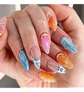 Almond 3D Press on Nails Medium Orange Nails Press ons Fall Neon False Nails Fruit Fake Nails wit...