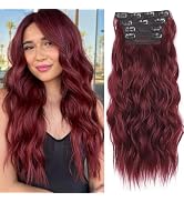 Cisyia Clip in Long Wavy Hair Extensions 4PCS Burgundy Synthetic Thick Hairpieces for Women 20 In...