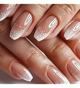 Coffin Press on Nails Short Fake Nails Silver Glitter French Tip Nails Press ons Nude Acrylic Nai...