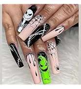 Halloween Press on Nails SWEKE Long Coffin Fake Nails Ghost Spider Web Full Cover Glue on Nails N...