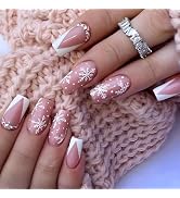 Christmas Press on Nails Long Coffin SWEKKE French Tip Fake Nails Pink Full Cover White Snow Fals...